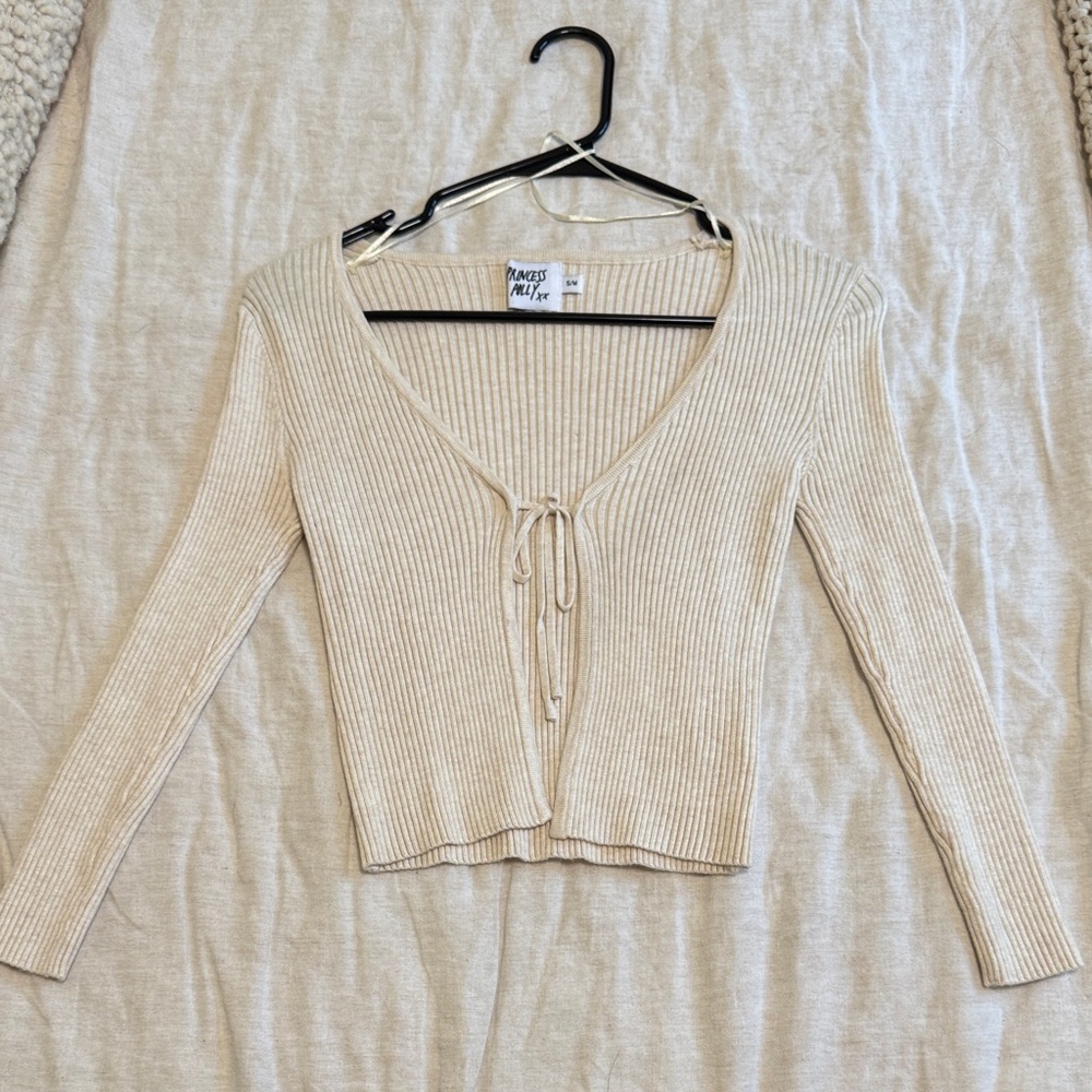 Princess Polly Beige Ribbed Tie-Front Crop Top